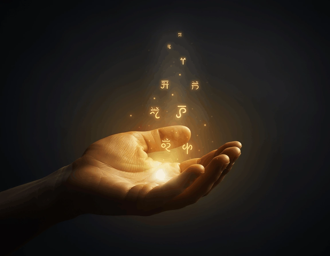 Ancient Gifts — glowing hand with symbols