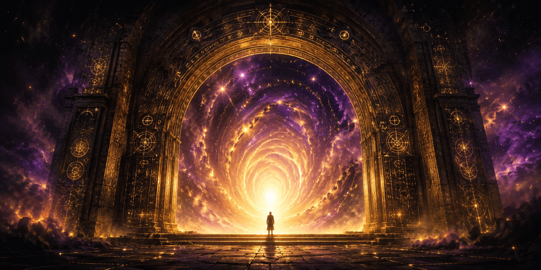 Soul standing before a cosmic portal — discover your past life reading