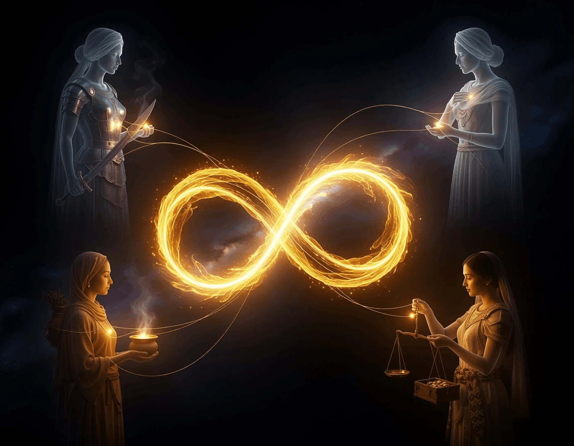Karmic patterns across lifetimes — golden infinity loop with past life figures