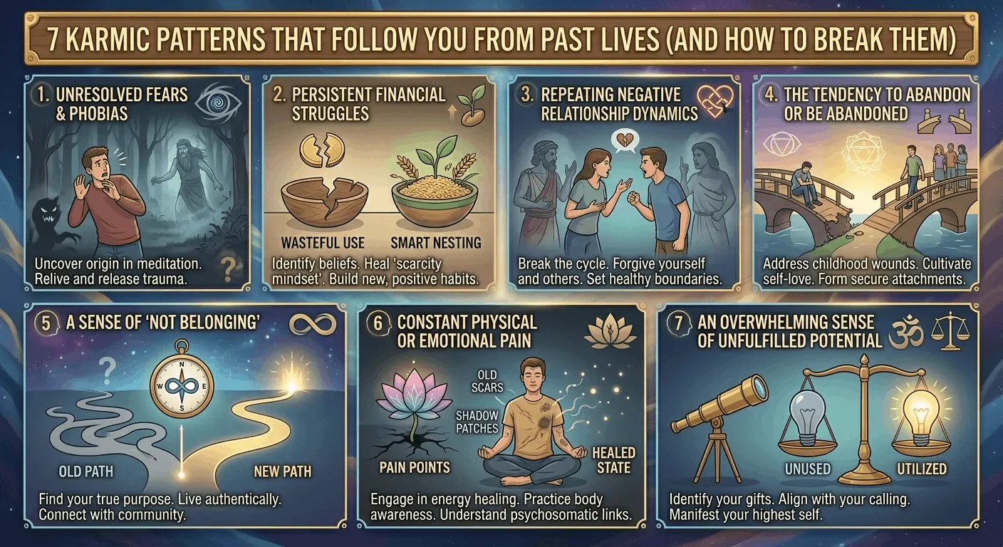 7 Karmic Patterns That Follow You From Past Lives — illustrated infographic