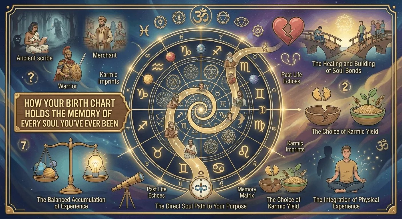 How Your Birth Chart Holds the Memory of Every Soul You've Ever Been — astrological wheel infographic